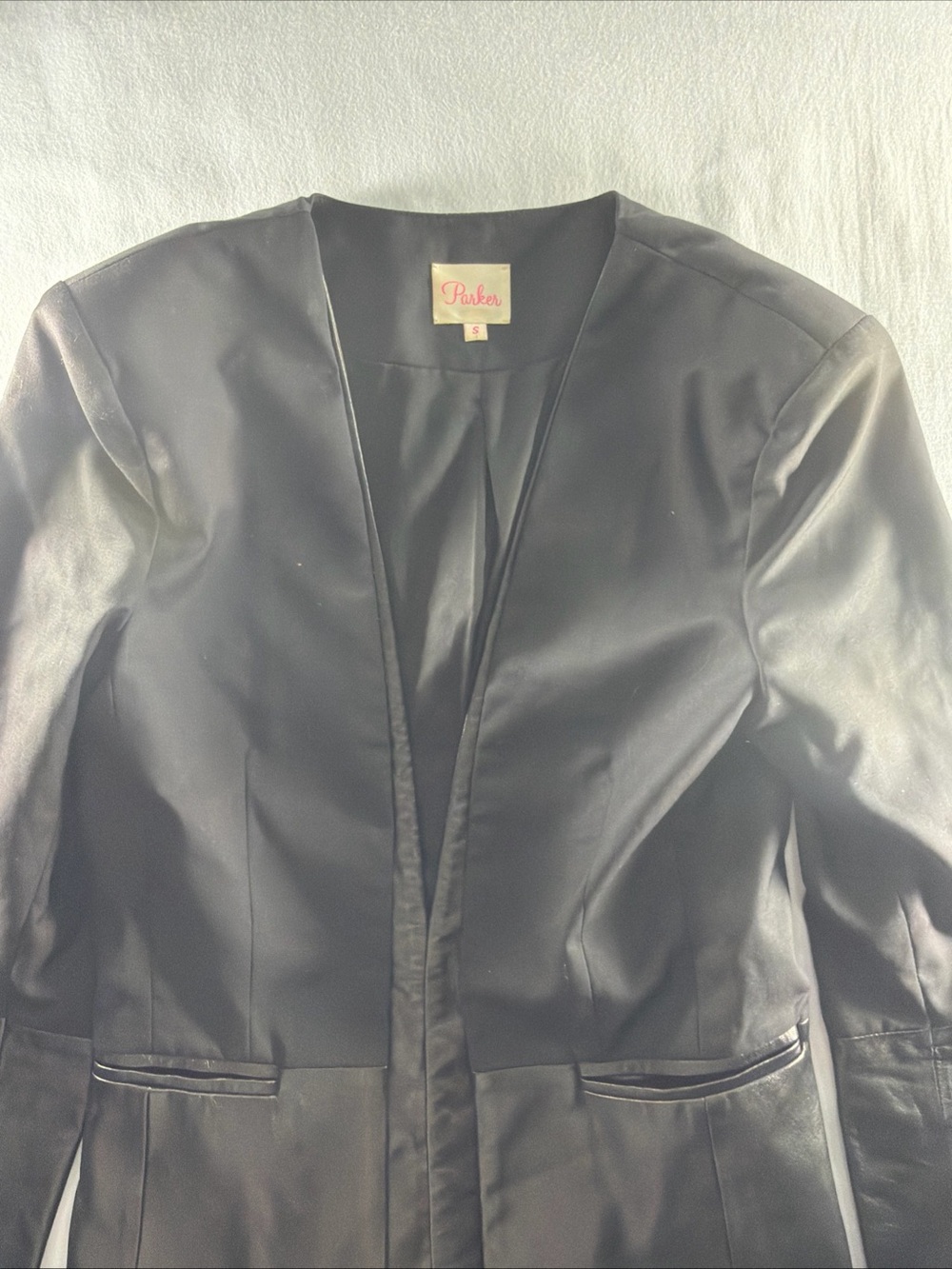 Parker Black Satin-Trim Open Blazer